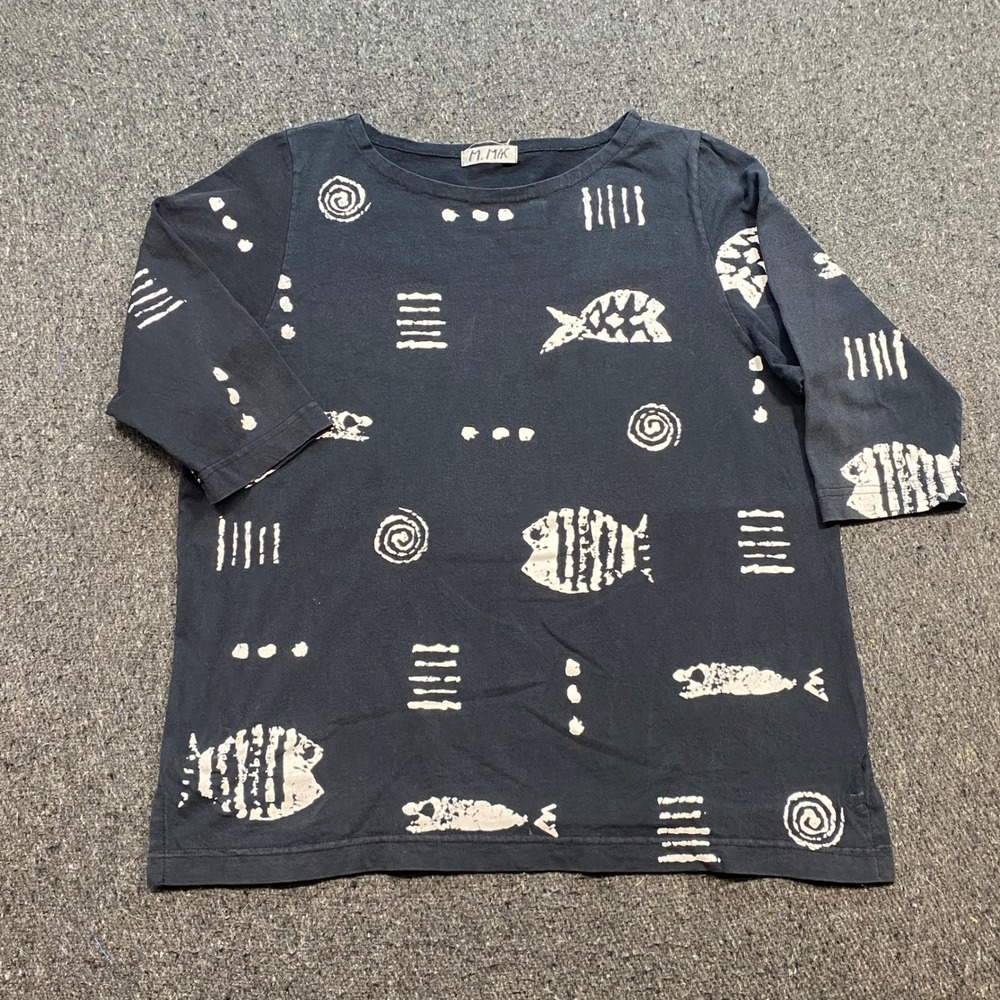 M Mac Fish Print TShirt Sz L Womens Navy Blue Boho Artsy Nautical 3/4 Sleeve Top